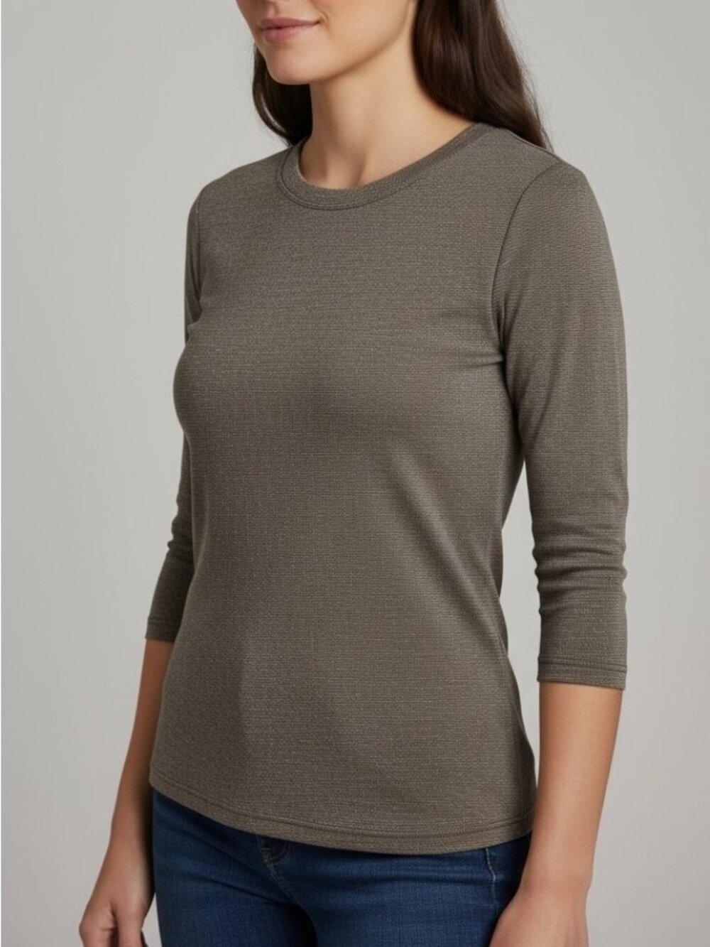 Michael Stars Brown Metallic Shine Knit Tee 3/4 Sleeve Crewneck One Size USA